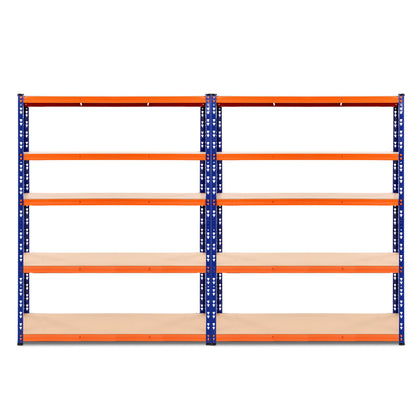 A large, industrial-style shelving unit stands empty. The Giantz 2.4Mx1.8M Garage Shelving Warehouse Rack Pallet Racking Storage Blue is made of sturdy blue metal frames with five light brown, flat shelves on each side. Featuring adjustable beams, the heavy-duty steel rack is designed for garages, warehouses, or workshops.