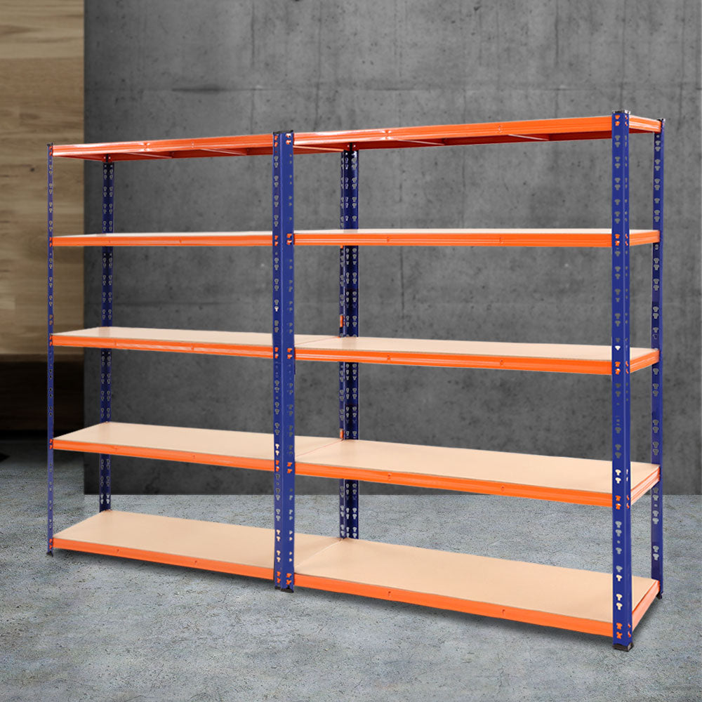 A large, industrial-style shelving unit stands empty. The Giantz 2.4Mx1.8M Garage Shelving Warehouse Rack Pallet Racking Storage Blue is made of sturdy blue metal frames with five light brown, flat shelves on each side. Featuring adjustable beams, the heavy-duty steel rack is designed for garages, warehouses, or workshops.