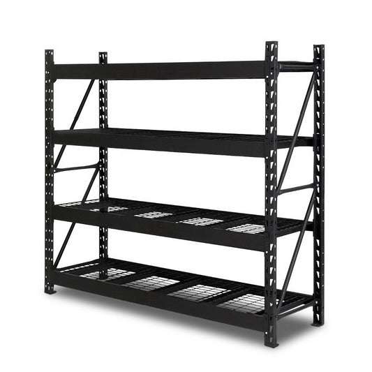 The Giantz 2Mx2M Garage Shelving Warehouse Rack Pallet Racking Storage Shelve Black is a black, heavy-duty steel construction storage rack with four metal grating shelves. The robust frame features cross braces on the sides and back, along with multiple holes for adjustable beams, making it perfect for industrial or garage use.