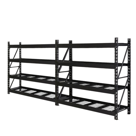 The Giantz 4Mx2M Garage Shelving Warehouse Rack Pallet Racking Storage Shelve Black is a large, black, heavy-duty steel industrial shelving unit with multiple tiers. The boltless assembly allows for easy setup, and the mesh wire bottom for each level provides outstanding support. With five horizontal shelves supported by adjustable vertical beams, this sturdy design is perfect for heavy storage.