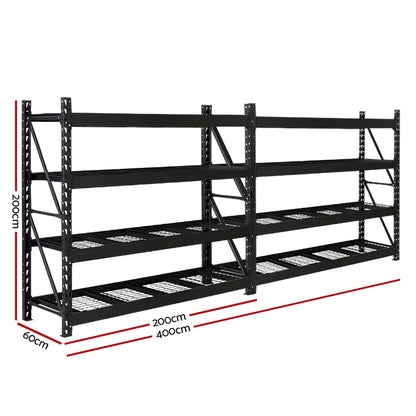 The Giantz 4Mx2M Garage Shelving Warehouse Rack Pallet Racking Storage Shelve Black is a large, black, heavy-duty steel industrial shelving unit with multiple tiers. The boltless assembly allows for easy setup, and the mesh wire bottom for each level provides outstanding support. With five horizontal shelves supported by adjustable vertical beams, this sturdy design is perfect for heavy storage.