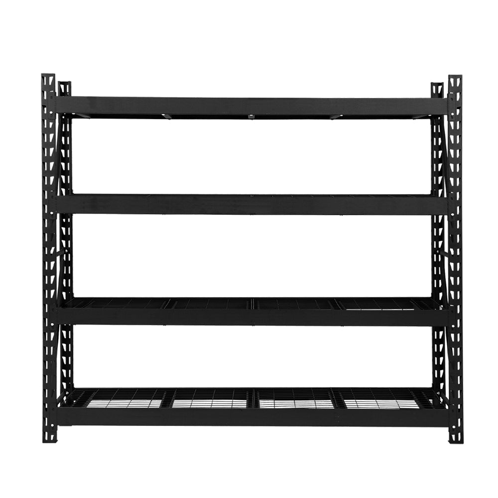 The Giantz 4Mx2M Garage Shelving Warehouse Rack Pallet Racking Storage Shelve Black is a large, black, heavy-duty steel industrial shelving unit with multiple tiers. The boltless assembly allows for easy setup, and the mesh wire bottom for each level provides outstanding support. With five horizontal shelves supported by adjustable vertical beams, this sturdy design is perfect for heavy storage.