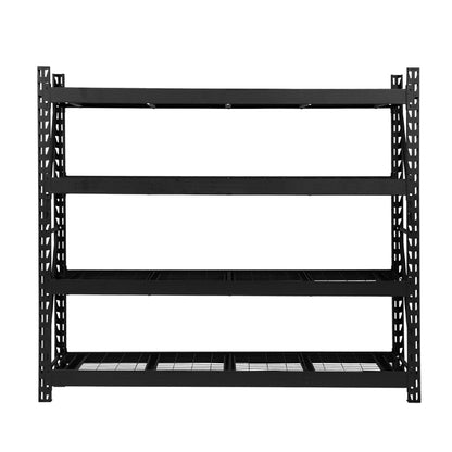 The Giantz 4Mx2M Garage Shelving Warehouse Rack Pallet Racking Storage Shelve Black is a large, black, heavy-duty steel industrial shelving unit with multiple tiers. The boltless assembly allows for easy setup, and the mesh wire bottom for each level provides outstanding support. With five horizontal shelves supported by adjustable vertical beams, this sturdy design is perfect for heavy storage.