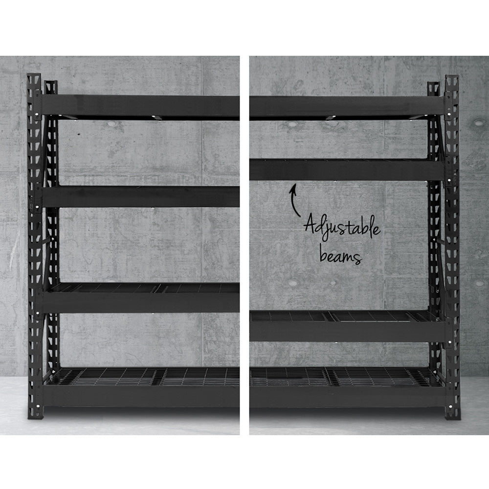 The Giantz 4Mx2M Garage Shelving Warehouse Rack Pallet Racking Storage Shelve Black is a large, black, heavy-duty steel industrial shelving unit with multiple tiers. The boltless assembly allows for easy setup, and the mesh wire bottom for each level provides outstanding support. With five horizontal shelves supported by adjustable vertical beams, this sturdy design is perfect for heavy storage.