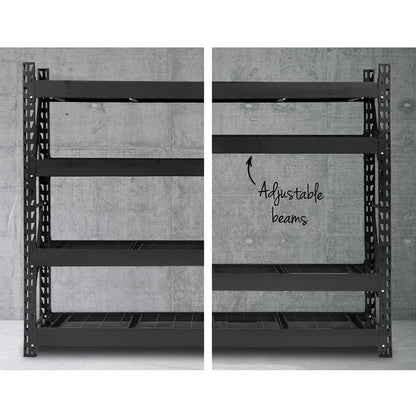 The Giantz 4Mx2M Garage Shelving Warehouse Rack Pallet Racking Storage Shelve Black is a large, black, heavy-duty steel industrial shelving unit with multiple tiers. The boltless assembly allows for easy setup, and the mesh wire bottom for each level provides outstanding support. With five horizontal shelves supported by adjustable vertical beams, this sturdy design is perfect for heavy storage.