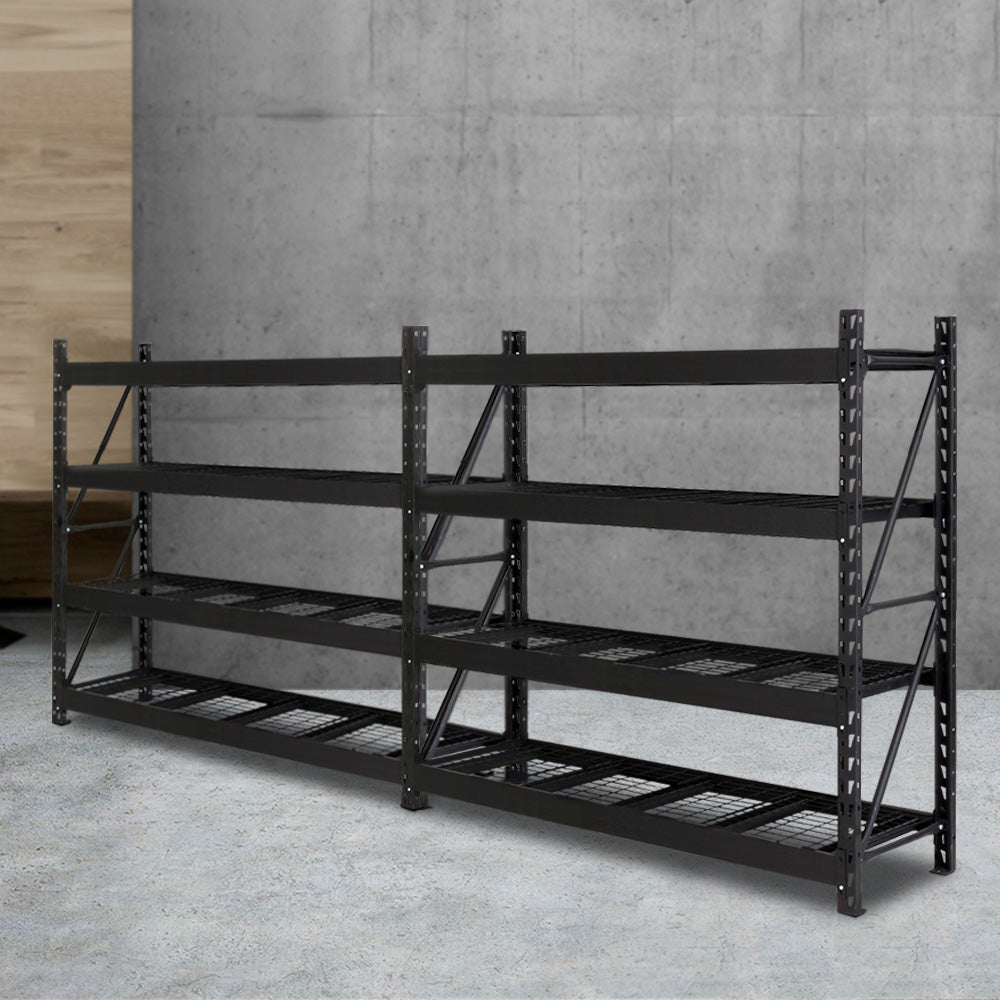 The Giantz 4Mx2M Garage Shelving Warehouse Rack Pallet Racking Storage Shelve Black is a large, black, heavy-duty steel industrial shelving unit with multiple tiers. The boltless assembly allows for easy setup, and the mesh wire bottom for each level provides outstanding support. With five horizontal shelves supported by adjustable vertical beams, this sturdy design is perfect for heavy storage.