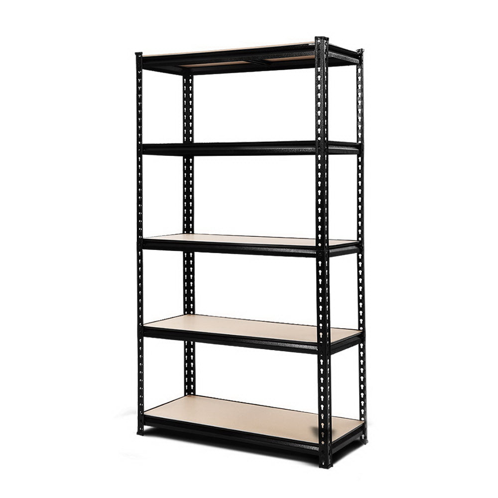 A tall Giantz 1.5M Garage Shelving Warehouse Rack Pallet Racking Storage Shelve Black features five adjustable, beige wooden shelves set within a frame of high-grade industrial steel. The perforated vertical supports allow for height adjustment, while the bottom shelf is elevated off the ground. The unit stands against a plain white background.