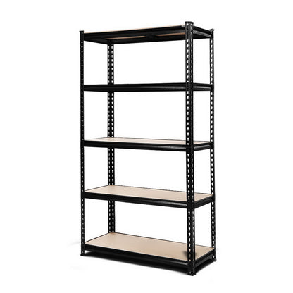 A tall Giantz 1.5M Garage Shelving Warehouse Rack Pallet Racking Storage Shelve Black features five adjustable, beige wooden shelves set within a frame of high-grade industrial steel. The perforated vertical supports allow for height adjustment, while the bottom shelf is elevated off the ground. The unit stands against a plain white background.