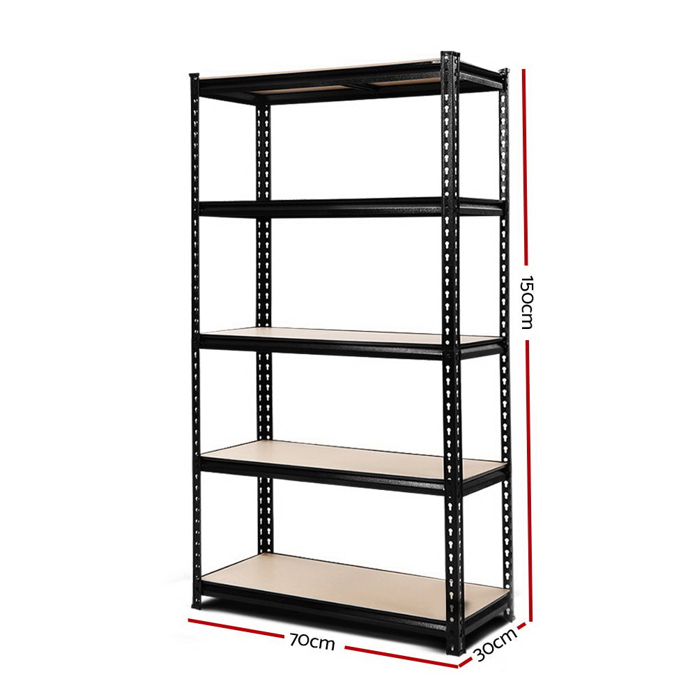 A tall Giantz 1.5M Garage Shelving Warehouse Rack Pallet Racking Storage Shelve Black features five adjustable, beige wooden shelves set within a frame of high-grade industrial steel. The perforated vertical supports allow for height adjustment, while the bottom shelf is elevated off the ground. The unit stands against a plain white background.