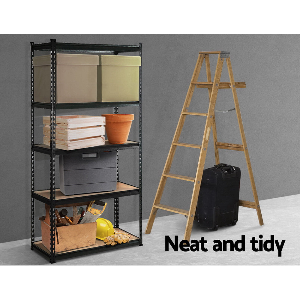 A tall Giantz 1.5M Garage Shelving Warehouse Rack Pallet Racking Storage Shelve Black features five adjustable, beige wooden shelves set within a frame of high-grade industrial steel. The perforated vertical supports allow for height adjustment, while the bottom shelf is elevated off the ground. The unit stands against a plain white background.