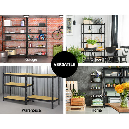 A tall Giantz 1.5M Garage Shelving Warehouse Rack Pallet Racking Storage Shelve Black features five adjustable, beige wooden shelves set within a frame of high-grade industrial steel. The perforated vertical supports allow for height adjustment, while the bottom shelf is elevated off the ground. The unit stands against a plain white background.