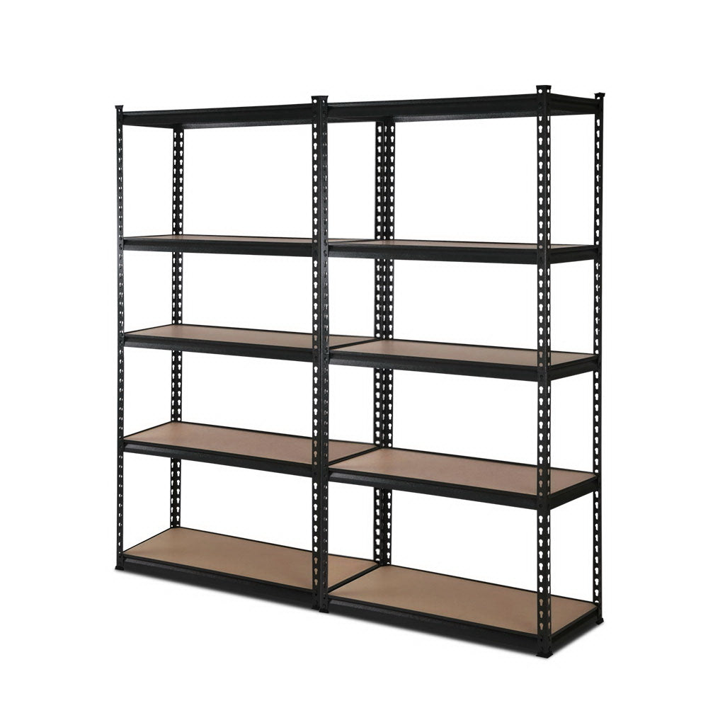 A pair of black 2x1.5M Warehouse Shelving Racking Storage Garage Steel Metal Shelves Rack each with five wooden shelves, standing side by side. The shelves are empty and the background is plain white, highlighting the high-grade industrial steel construction and adjustable beams for ample storage space.