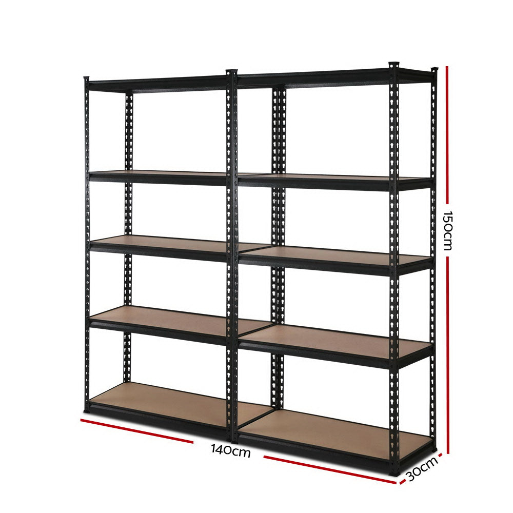 A pair of black 2x1.5M Warehouse Shelving Racking Storage Garage Steel Metal Shelves Rack each with five wooden shelves, standing side by side. The shelves are empty and the background is plain white, highlighting the high-grade industrial steel construction and adjustable beams for ample storage space.