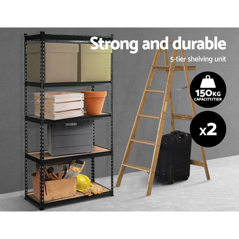 A pair of black 2x1.5M Warehouse Shelving Racking Storage Garage Steel Metal Shelves Rack each with five wooden shelves, standing side by side. The shelves are empty and the background is plain white, highlighting the high-grade industrial steel construction and adjustable beams for ample storage space.