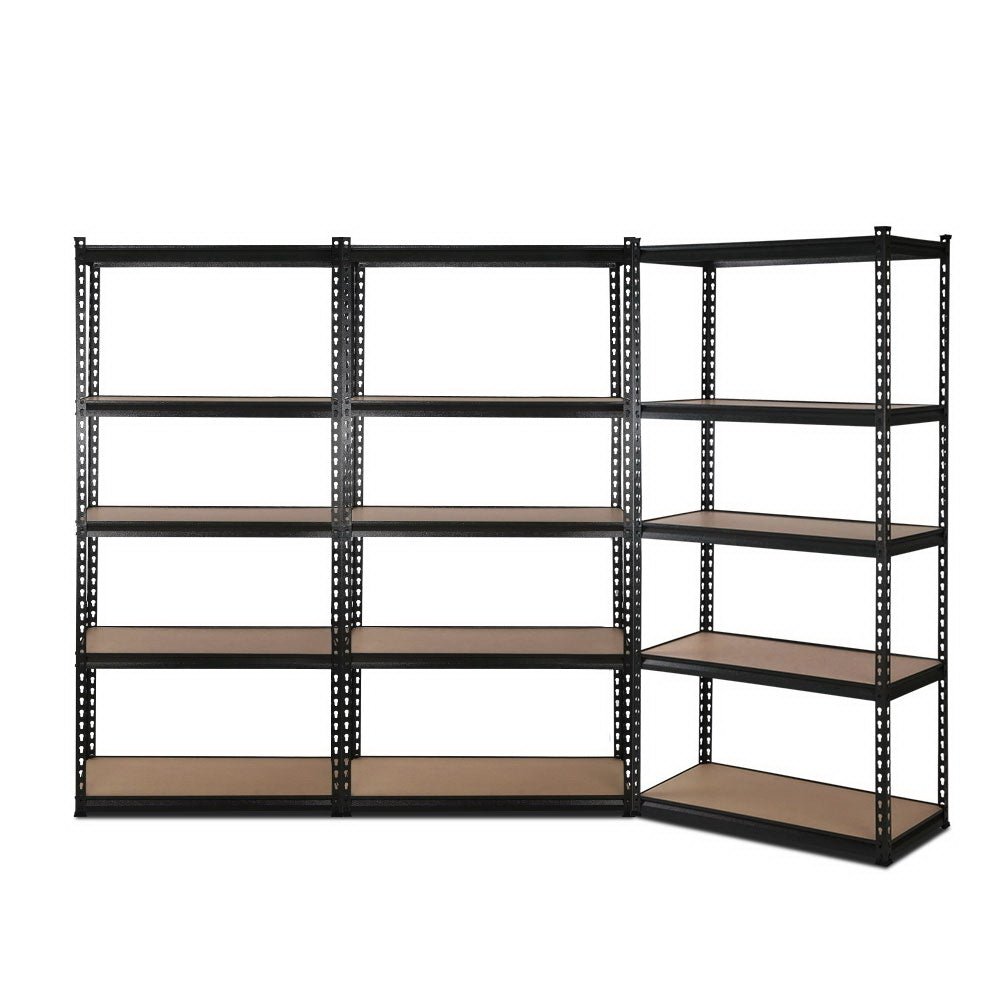 Image of a 3x1.5M Warehouse Shelving Racking Storage Garage Steel Metal Shelves Rack, featuring two interconnected sections. Each section boasts five levels of brown wooden shelves supported by black metal frames. The adjustable beams and heavy-duty steel construction ensure durability. The shelves are empty, and the unit is placed against a white background.