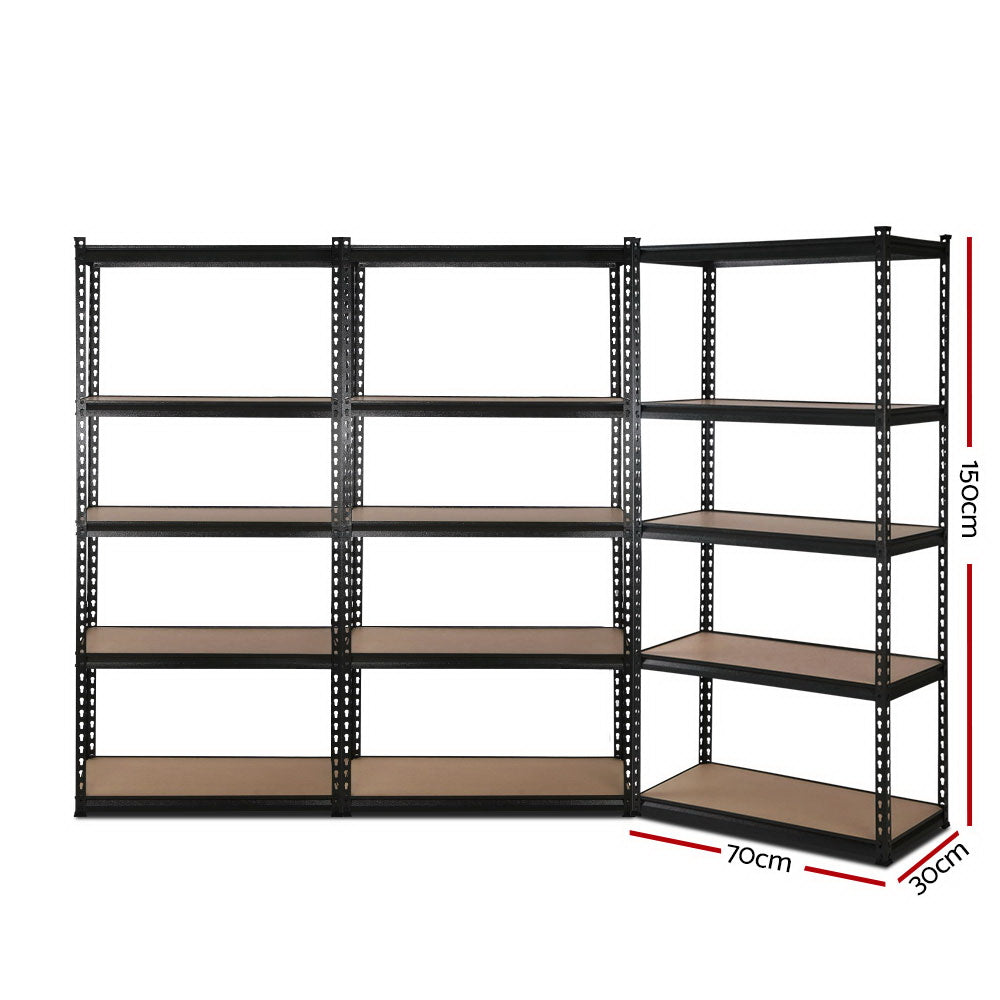 Image of a 3x1.5M Warehouse Shelving Racking Storage Garage Steel Metal Shelves Rack, featuring two interconnected sections. Each section boasts five levels of brown wooden shelves supported by black metal frames. The adjustable beams and heavy-duty steel construction ensure durability. The shelves are empty, and the unit is placed against a white background.