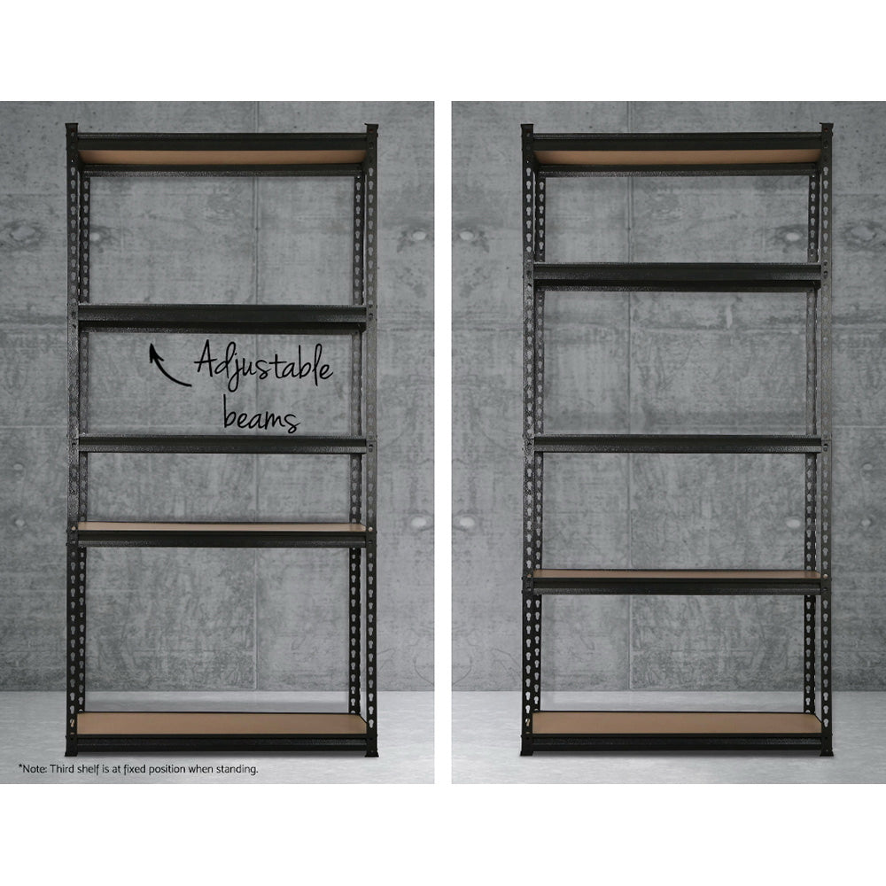 Image of a 3x1.5M Warehouse Shelving Racking Storage Garage Steel Metal Shelves Rack, featuring two interconnected sections. Each section boasts five levels of brown wooden shelves supported by black metal frames. The adjustable beams and heavy-duty steel construction ensure durability. The shelves are empty, and the unit is placed against a white background.