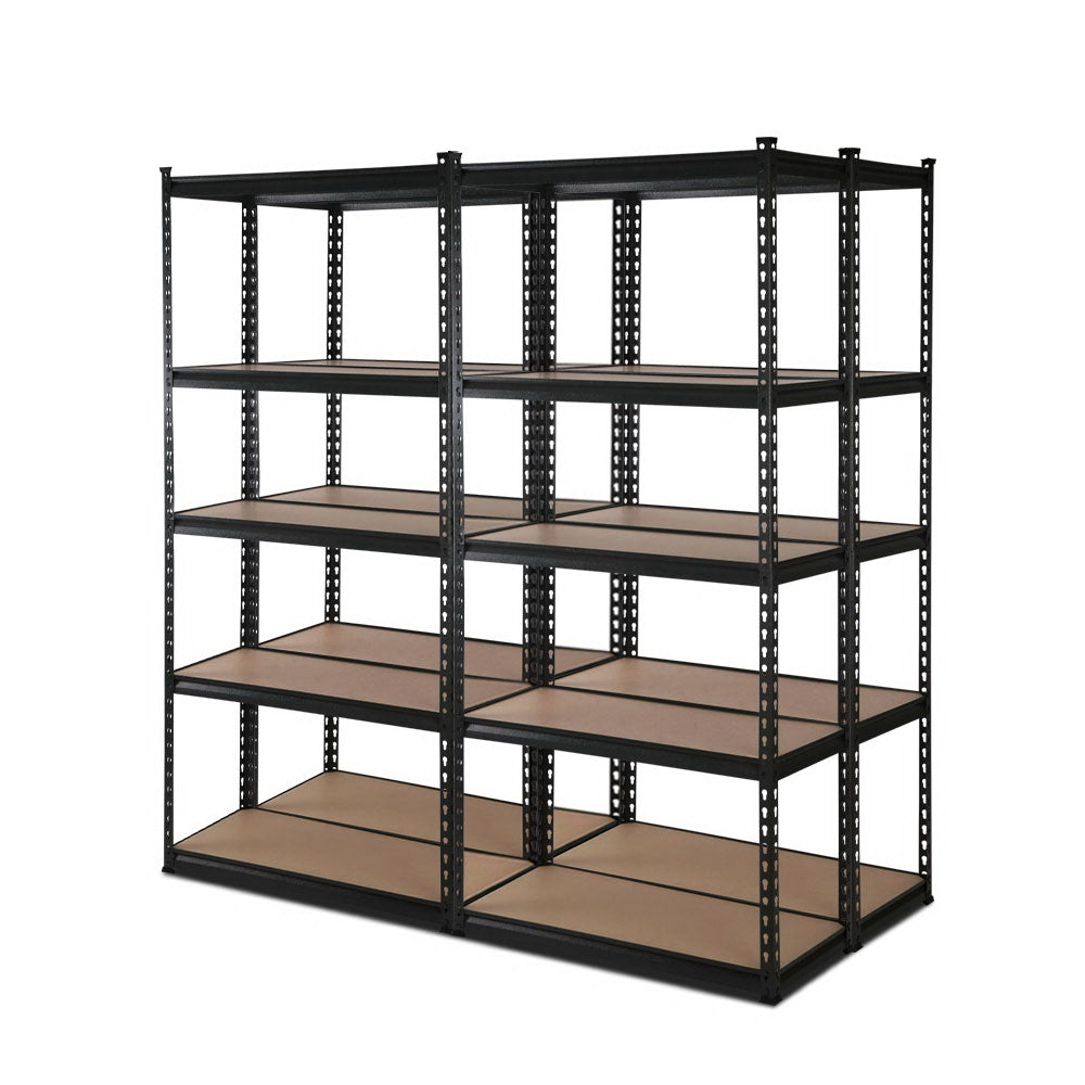 Two large Giantz 4x1.5M Garage Shelving Warehouse Rack Pallet Racking Storage Shelve Black units with several rows of wooden shelves are side by side. The units have a sturdy, industrial look with heavy-duty steel framing and adjustable horizontal support beams. The shelves are empty and ready for storage.