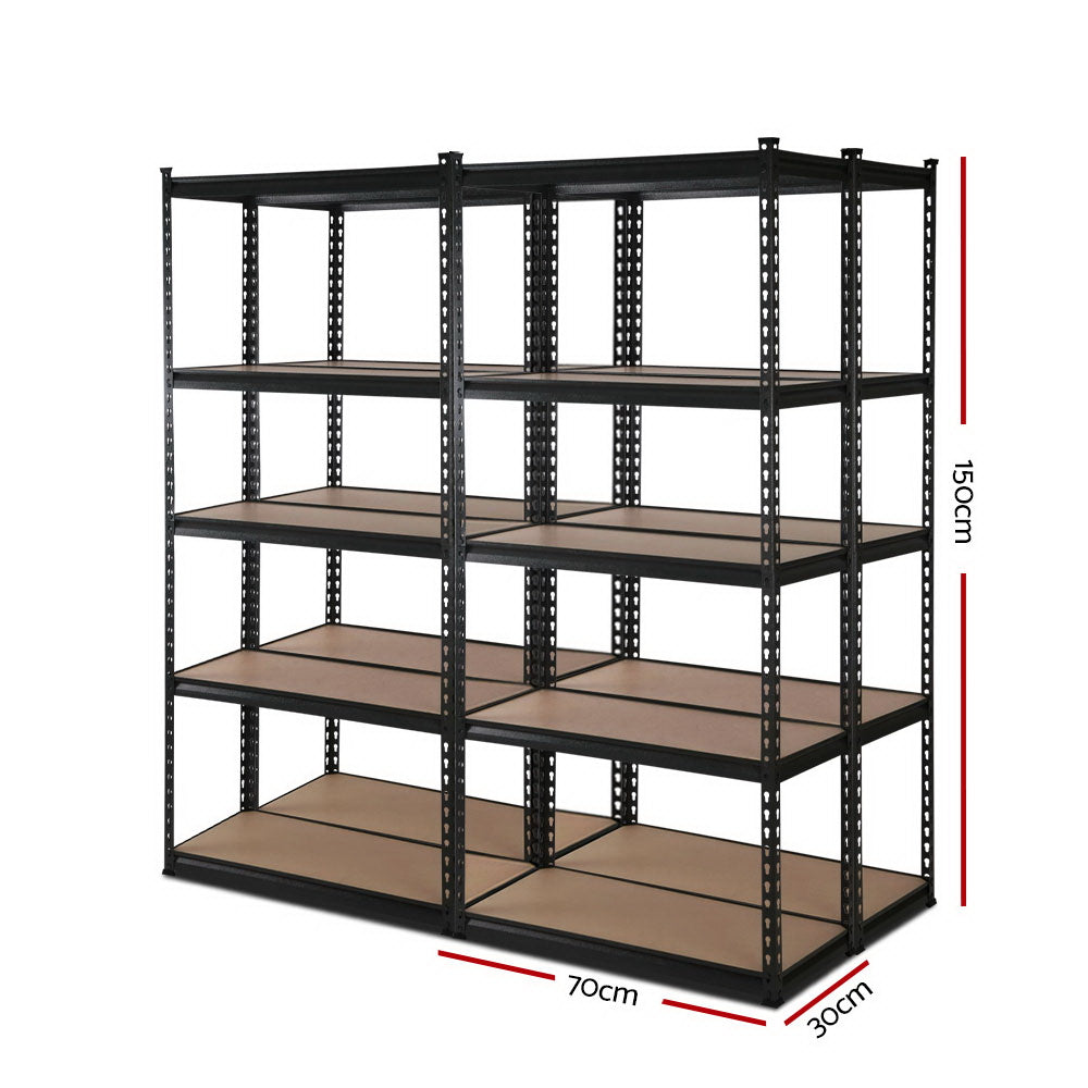 Two large Giantz 4x1.5M Garage Shelving Warehouse Rack Pallet Racking Storage Shelve Black units with several rows of wooden shelves are side by side. The units have a sturdy, industrial look with heavy-duty steel framing and adjustable horizontal support beams. The shelves are empty and ready for storage.