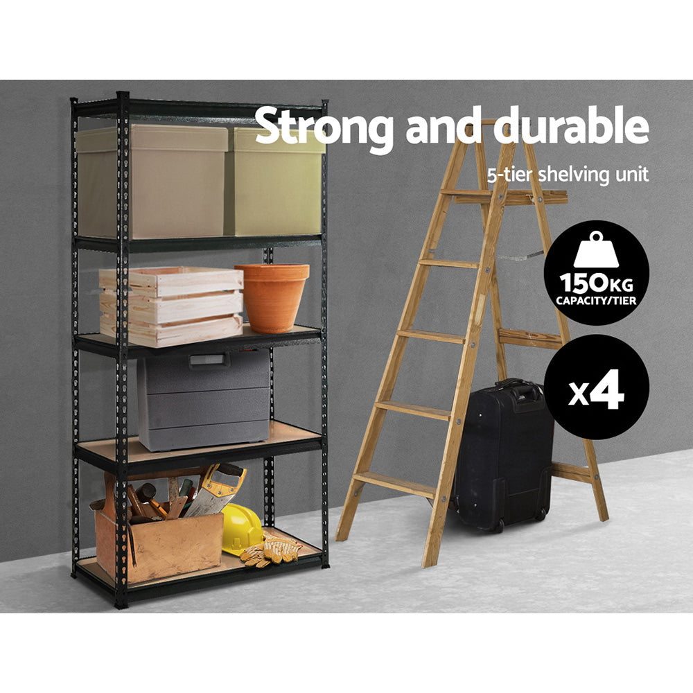 Two large Giantz 4x1.5M Garage Shelving Warehouse Rack Pallet Racking Storage Shelve Black units with several rows of wooden shelves are side by side. The units have a sturdy, industrial look with heavy-duty steel framing and adjustable horizontal support beams. The shelves are empty and ready for storage.