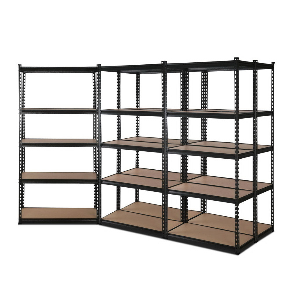 A set of Giantz 5x1.5M Garage Shelving Warehouse Rack Pallet Racking Storage Shelve Black with multiple adjustable shelves positioned side-by-side. These heavy-duty industrial steel racks showcase their sturdy design and ample space for storage, featuring wooden bases that add to their robust appeal.