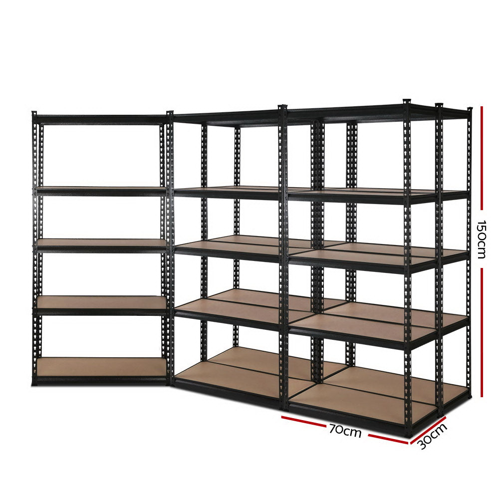 A set of Giantz 5x1.5M Garage Shelving Warehouse Rack Pallet Racking Storage Shelve Black with multiple adjustable shelves positioned side-by-side. These heavy-duty industrial steel racks showcase their sturdy design and ample space for storage, featuring wooden bases that add to their robust appeal.