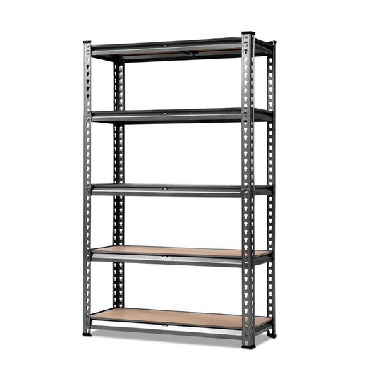 The Giantz 1.5M Garage Shelving Warehouse Rack Pallet Racking Storage Shelf Charcoal is a five-tier heavy-duty shelving unit with an industrial design. It features black metal frames and particle board shelves, providing a sturdy storage solution suitable for garages, warehouses, or workshops. The adjustable beams ensure the shelves are evenly spaced and customizable.