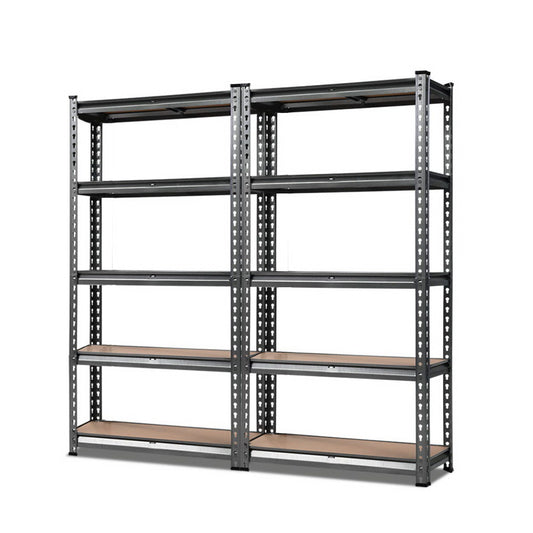 The Giantz 2x1.5M Steel Warehouse Racking Rack Shelving Storage Garage Shelves Shelf is a heavy-duty shelving unit featuring two sections, each containing five wooden shelves. This industrial and sturdy structure has adjustable beams, making it ideal for organizing items in garages, warehouses, or workshops. The background is white.