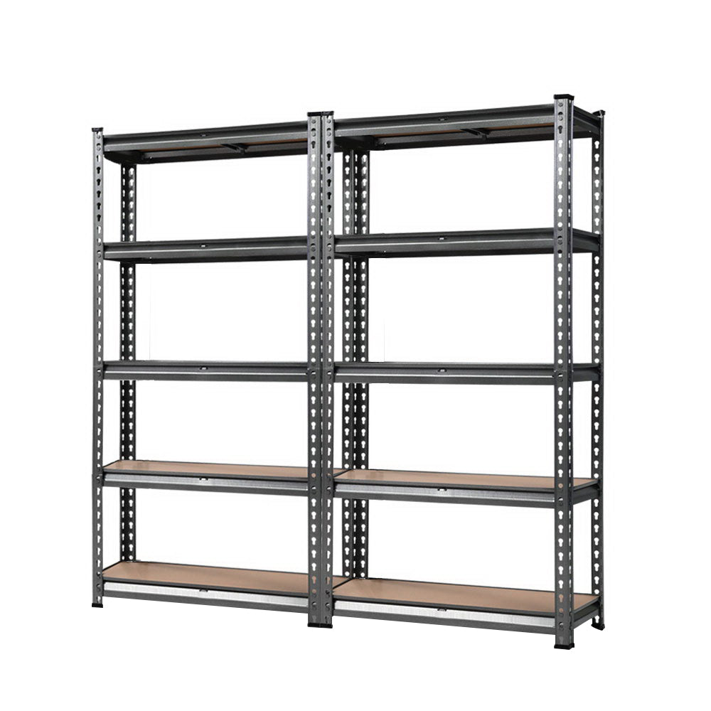 Two Giantz 2x1.5M Garage Shelving Warehouse Rack Storage Racking Storage Steel units are positioned side by side, each featuring five wooden shelves. The adjustable beams ensure flexibility, and the overall structure appears sturdy, making it suitable for heavy-duty storage in a garage, basement, or workshop. The background is plain white.