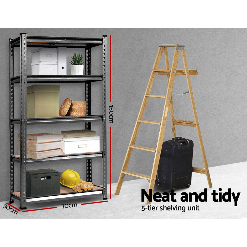 Two Giantz 2x1.5M Garage Shelving Warehouse Rack Storage Racking Storage Steel units are positioned side by side, each featuring five wooden shelves. The adjustable beams ensure flexibility, and the overall structure appears sturdy, making it suitable for heavy-duty storage in a garage, basement, or workshop. The background is plain white.