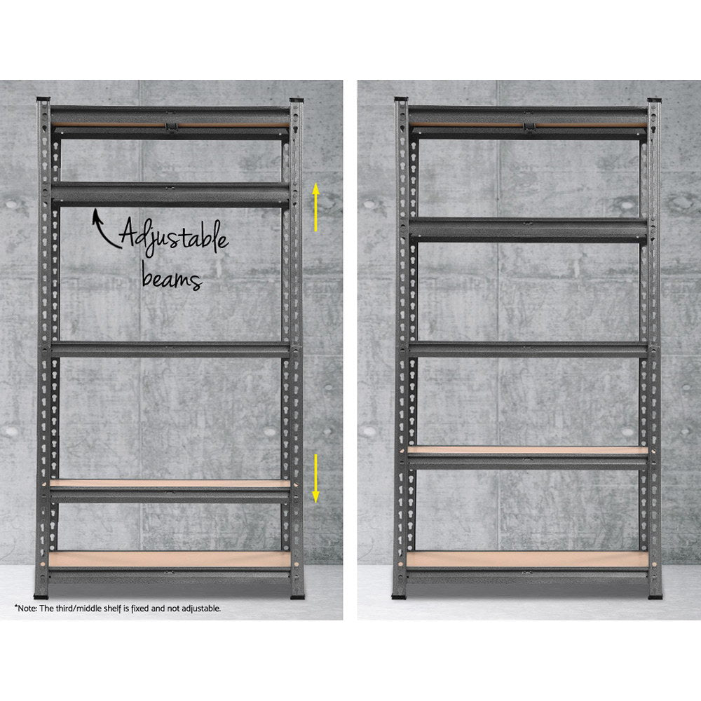 Two Giantz 2x1.5M Garage Shelving Warehouse Rack Storage Racking Storage Steel units are positioned side by side, each featuring five wooden shelves. The adjustable beams ensure flexibility, and the overall structure appears sturdy, making it suitable for heavy-duty storage in a garage, basement, or workshop. The background is plain white.