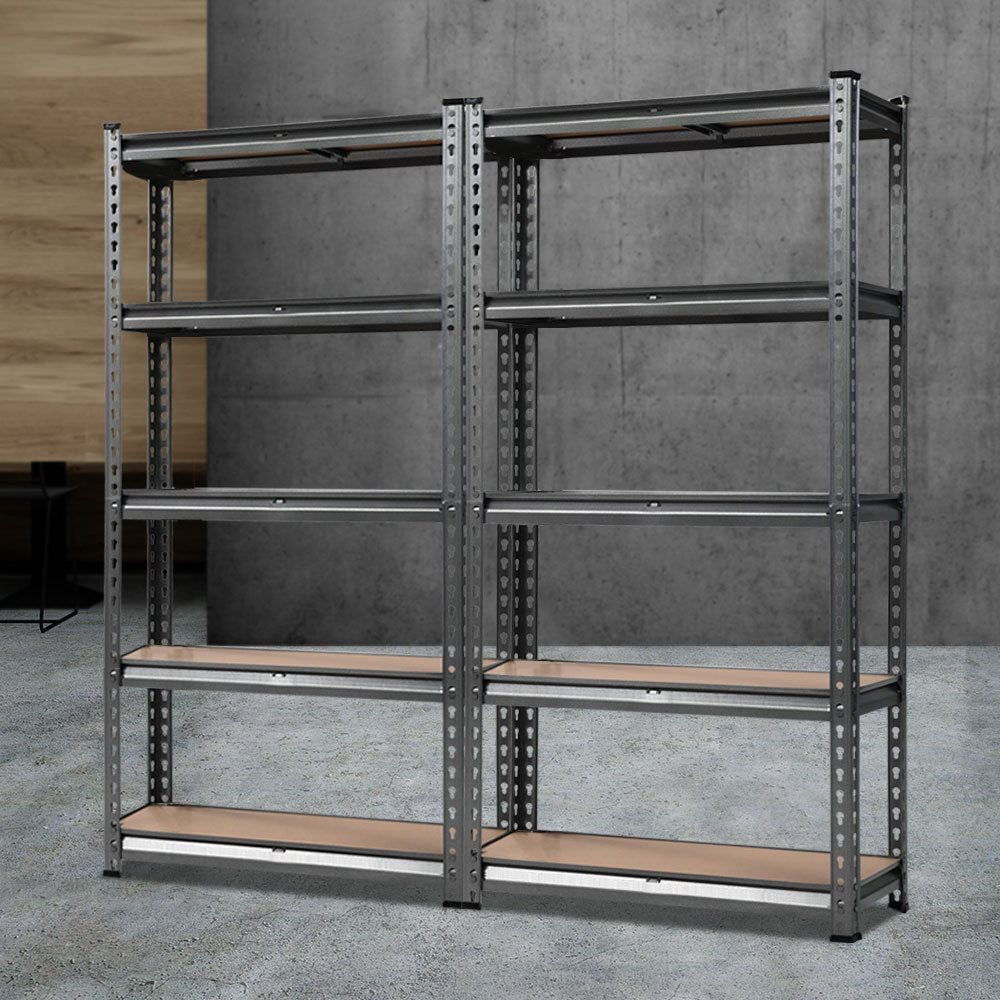 Two Giantz 2x1.5M Garage Shelving Warehouse Rack Storage Racking Storage Steel units are positioned side by side, each featuring five wooden shelves. The adjustable beams ensure flexibility, and the overall structure appears sturdy, making it suitable for heavy-duty storage in a garage, basement, or workshop. The background is plain white.