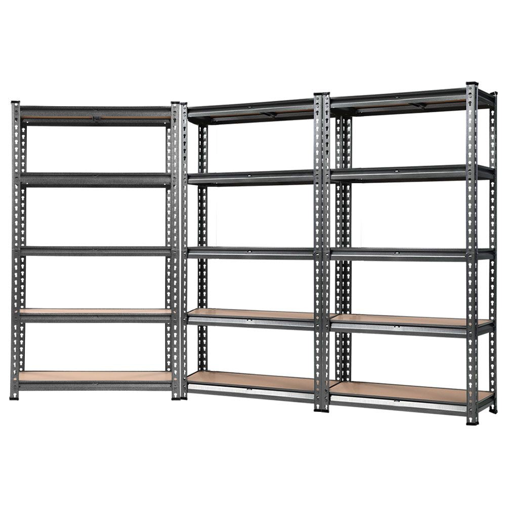 Three tall, industrial Giantz 3x1.5M Garage Shelving Warehouse Rack Pallet Racking Storage Charcoal boasting a total of fifteen adjustable beams. These heavy-duty steel shelving units come with wooden shelves, evenly spaced and arranged side by side against a pristine white background.