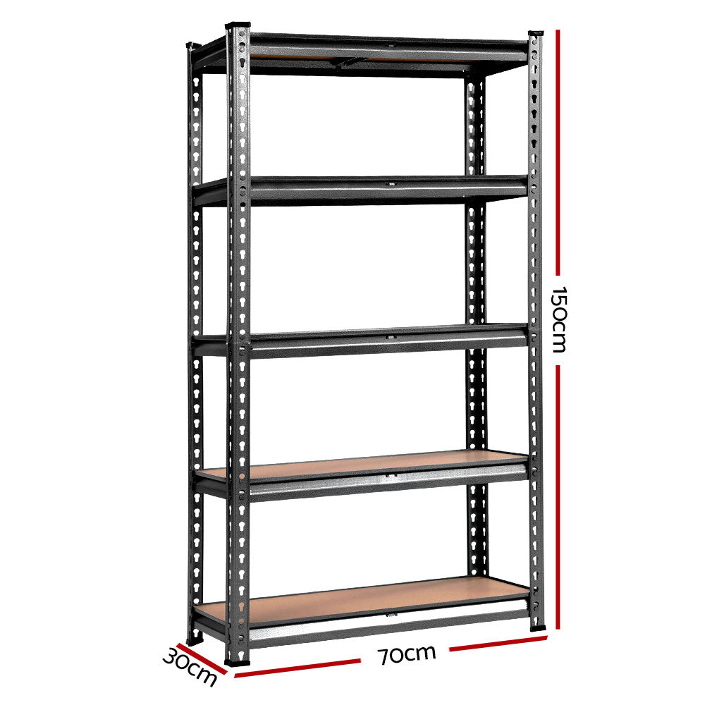 Three tall, industrial Giantz 3x1.5M Garage Shelving Warehouse Rack Pallet Racking Storage Charcoal boasting a total of fifteen adjustable beams. These heavy-duty steel shelving units come with wooden shelves, evenly spaced and arranged side by side against a pristine white background.