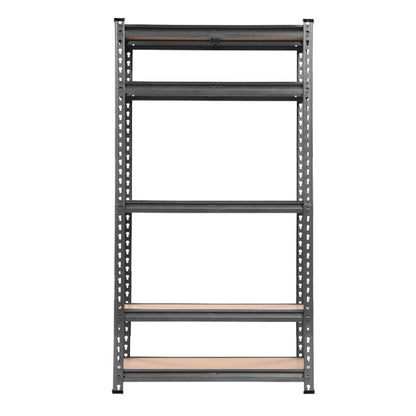 Three tall, industrial Giantz 3x1.5M Garage Shelving Warehouse Rack Pallet Racking Storage Charcoal boasting a total of fifteen adjustable beams. These heavy-duty steel shelving units come with wooden shelves, evenly spaced and arranged side by side against a pristine white background.