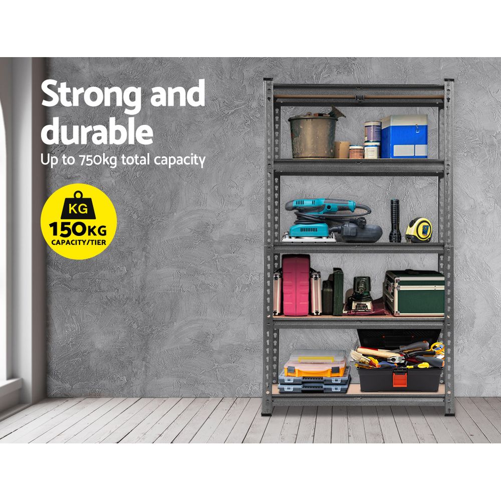 Three tall, industrial Giantz 3x1.5M Garage Shelving Warehouse Rack Pallet Racking Storage Charcoal boasting a total of fifteen adjustable beams. These heavy-duty steel shelving units come with wooden shelves, evenly spaced and arranged side by side against a pristine white background.