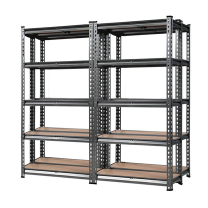 A pair of large, industrial-style Giantz 4x1.5M Garage Shelving Warehouse Rack Pallet Racking Storage Charcoal stand side by side, each with five wooden shelves. The shelving units have adjustable beams and are designed for heavy storage. With their heavy-duty steel shelving, they are empty and evenly spaced.