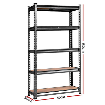 A pair of large, industrial-style Giantz 4x1.5M Garage Shelving Warehouse Rack Pallet Racking Storage Charcoal stand side by side, each with five wooden shelves. The shelving units have adjustable beams and are designed for heavy storage. With their heavy-duty steel shelving, they are empty and evenly spaced.