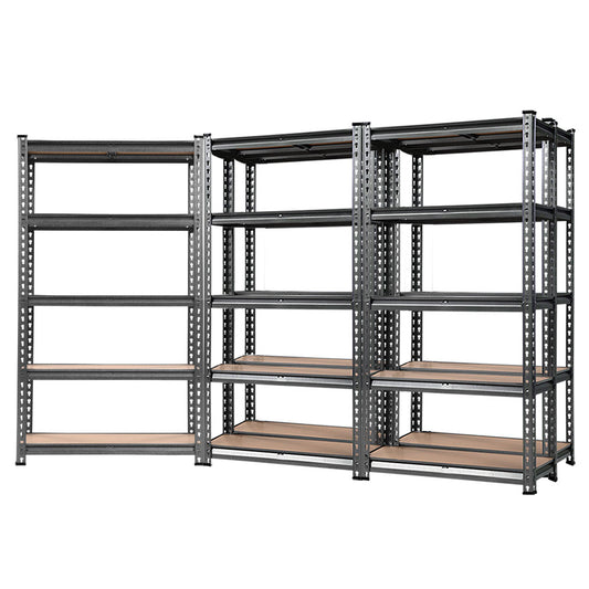 Three large, black Giantz 5x1.5M Garage Shelving Warehouse Rack Pallet Racking Storage Charcoal units with multiple tiers and wooden shelves are lined up side by side. Each heavy-duty steel construction unit has six adjustable beams and is empty. The image shows a frontal view of the shelves against a white background.