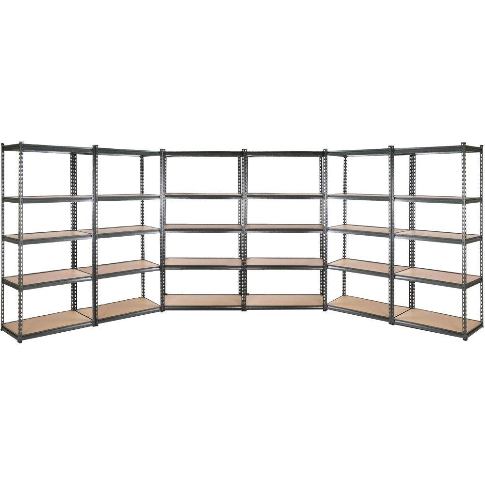 A large, black Giantz 6X1.5M Garage Shelving Warehouse Rack Pallet Racking Storage Shelves with multiple adjustable beams. The heavy-duty steel shelving unit is arranged in a U-shape with three sections, each having five levels of empty shelves made of plywood, all set against a white background.