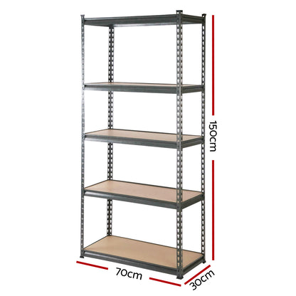 A large, black Giantz 6X1.5M Garage Shelving Warehouse Rack Pallet Racking Storage Shelves with multiple adjustable beams. The heavy-duty steel shelving unit is arranged in a U-shape with three sections, each having five levels of empty shelves made of plywood, all set against a white background.