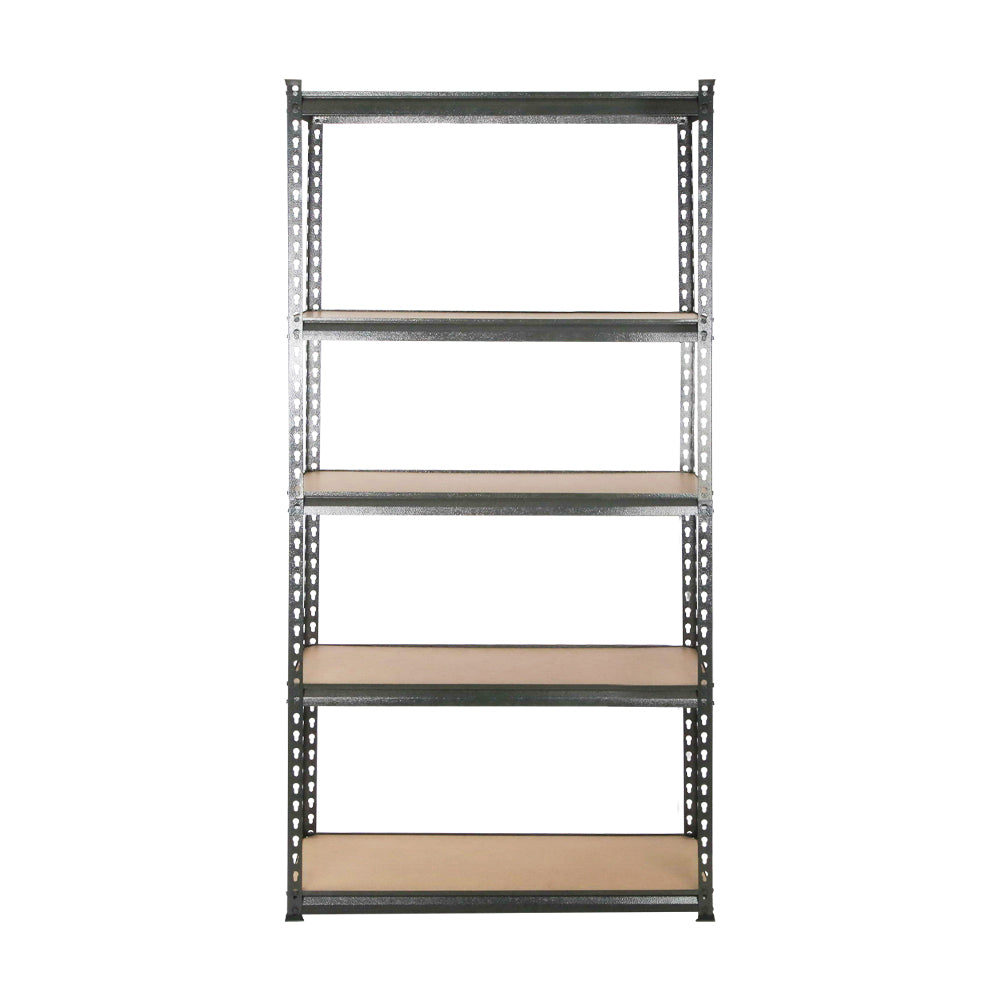 A large, black Giantz 6X1.5M Garage Shelving Warehouse Rack Pallet Racking Storage Shelves with multiple adjustable beams. The heavy-duty steel shelving unit is arranged in a U-shape with three sections, each having five levels of empty shelves made of plywood, all set against a white background.