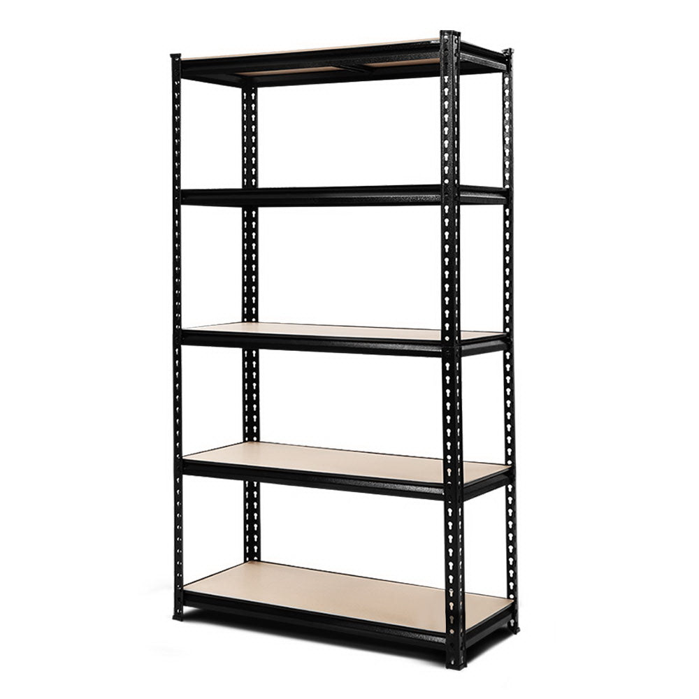 The Giantz 1.8M Garage Shelving Warehouse Rack Pallet Racking Storage Shelve Black is a five-tier black metal shelving unit with wooden shelves, designed for storage and organization. Featuring heavy-duty steel construction and evenly spaced shelves, this sturdy unit is ideal for garages, warehouses, or home storage areas.