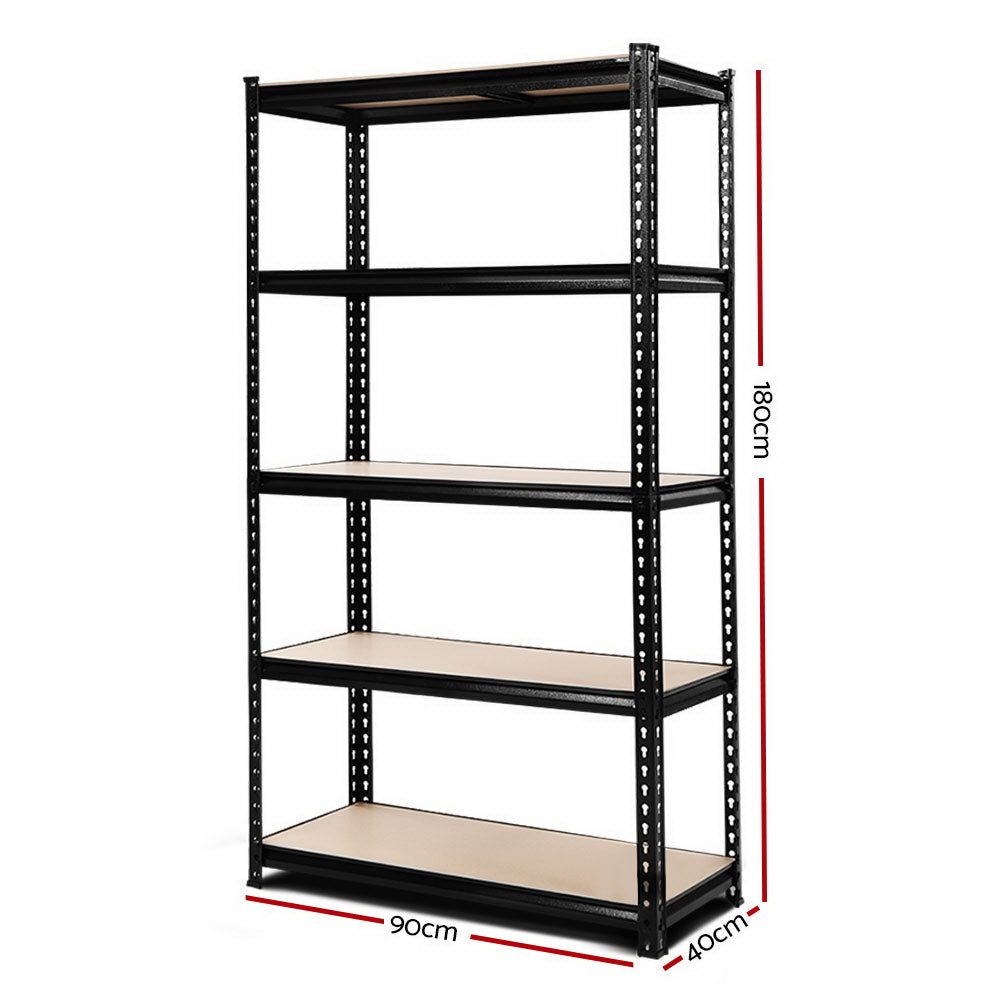 The Giantz 1.8M Garage Shelving Warehouse Rack Pallet Racking Storage Shelve Black is a five-tier black metal shelving unit with wooden shelves, designed for storage and organization. Featuring heavy-duty steel construction and evenly spaced shelves, this sturdy unit is ideal for garages, warehouses, or home storage areas.