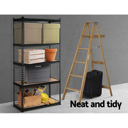 The Giantz 1.8M Garage Shelving Warehouse Rack Pallet Racking Storage Shelve Black is a five-tier black metal shelving unit with wooden shelves, designed for storage and organization. Featuring heavy-duty steel construction and evenly spaced shelves, this sturdy unit is ideal for garages, warehouses, or home storage areas.