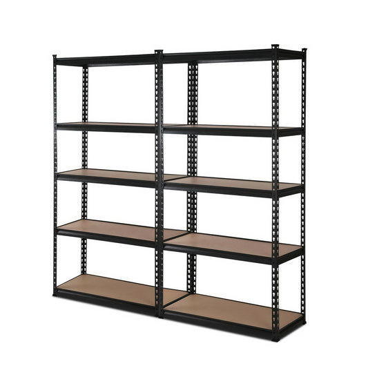 A freestanding Giantz 2x1.8M Garage Shelving Warehouse Rack Pallet Racking Storage Shelve Black with two columns, each having five adjustable beams. The frame is heavy-duty steel construction in black, and the shelves are made of a light brown wood or wood-like material. This unit is designed for storage and organization in garages, warehouses, or workshops.