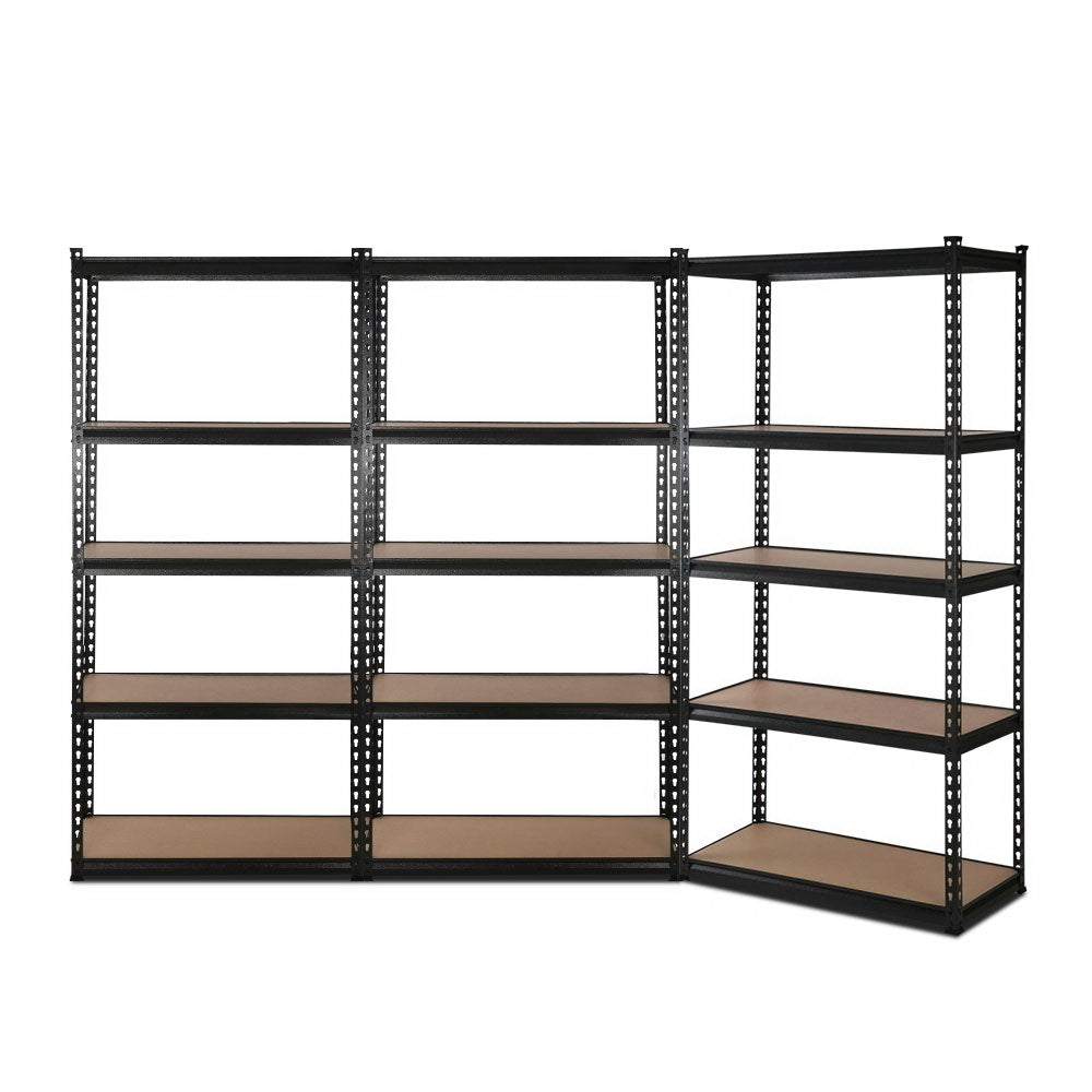 A black, heavy-duty steel shelving unit branded as Giantz 3x1.8M Garage Shelving Warehouse Rack Pallet Racking Storage Shelve Black features three sections. Each section boasts five shelves made of wood or particleboard, supported by adjustable beams. The unit is shown against a white background.