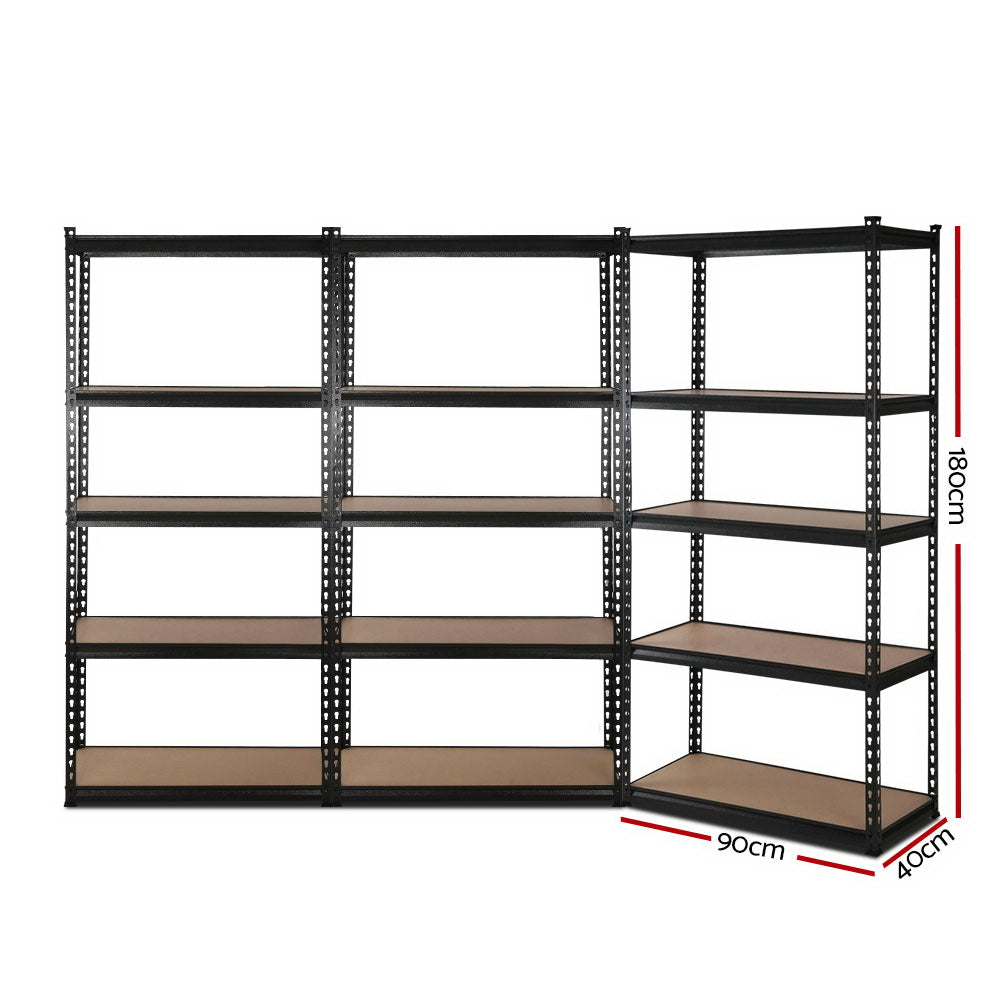 A black, heavy-duty steel shelving unit branded as Giantz 3x1.8M Garage Shelving Warehouse Rack Pallet Racking Storage Shelve Black features three sections. Each section boasts five shelves made of wood or particleboard, supported by adjustable beams. The unit is shown against a white background.