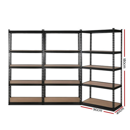 A black, heavy-duty steel shelving unit branded as Giantz 3x1.8M Garage Shelving Warehouse Rack Pallet Racking Storage Shelve Black features three sections. Each section boasts five shelves made of wood or particleboard, supported by adjustable beams. The unit is shown against a white background.