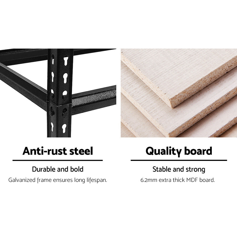 A black, heavy-duty steel shelving unit branded as Giantz 3x1.8M Garage Shelving Warehouse Rack Pallet Racking Storage Shelve Black features three sections. Each section boasts five shelves made of wood or particleboard, supported by adjustable beams. The unit is shown against a white background.